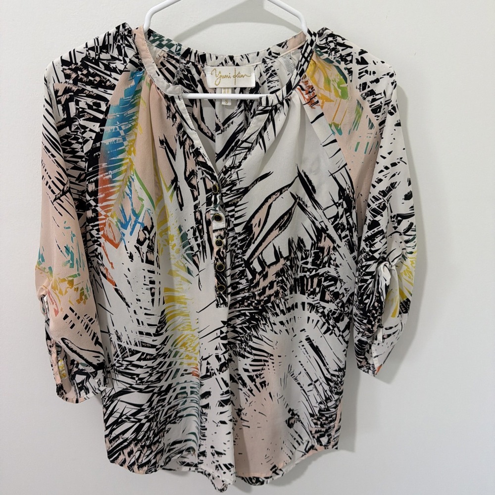 Yumi Kim Blouse Women Small Multicolor Excellent Silk Abstract Palm V-Neck Top